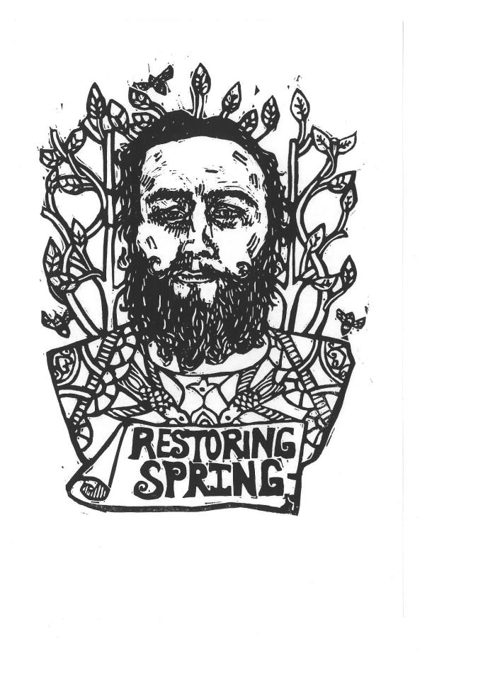 Woodcut portrait of a bearded man with a banner that says Restoring Spring