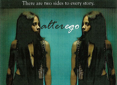 A woman stares into a mirror reflection of herself. Text reads, "There are two sides to every story - alterego"