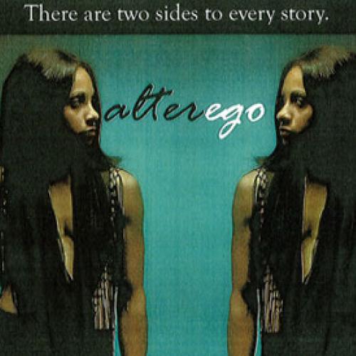 A woman stares into a mirror reflection of herself. Text reads, "There are two sides to every story - alterego"
