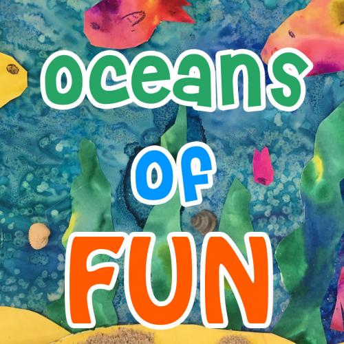 text reads oceans of fun in front of paper cut out ocean scene