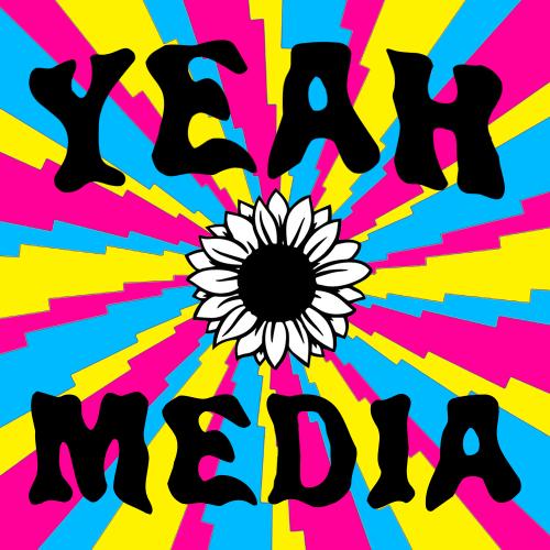 Bright logo with blue, pink and yellow background, a black and white sunflower in the center and text that says "Yeah Media"