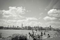 Park scene with city skyline