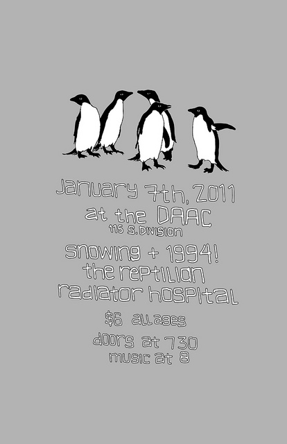 Five penguins on a grey background with hand-drawn text