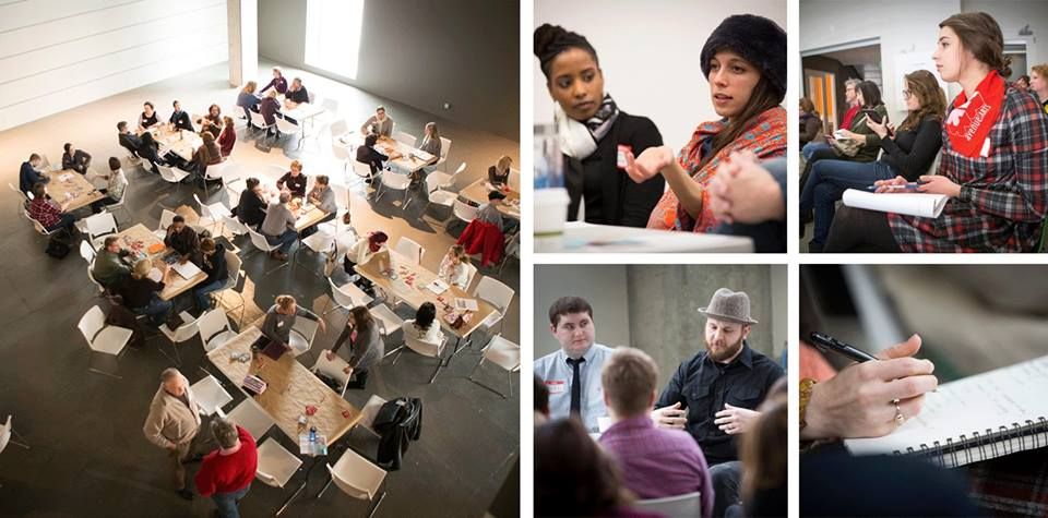 Photo collage of community members engaged in discussion