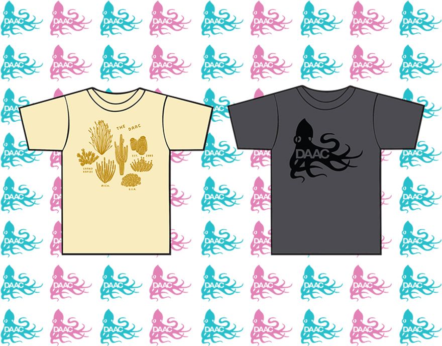 Cream colored cactus print T-shirt and Grey T-shirt with Black DAAC logo