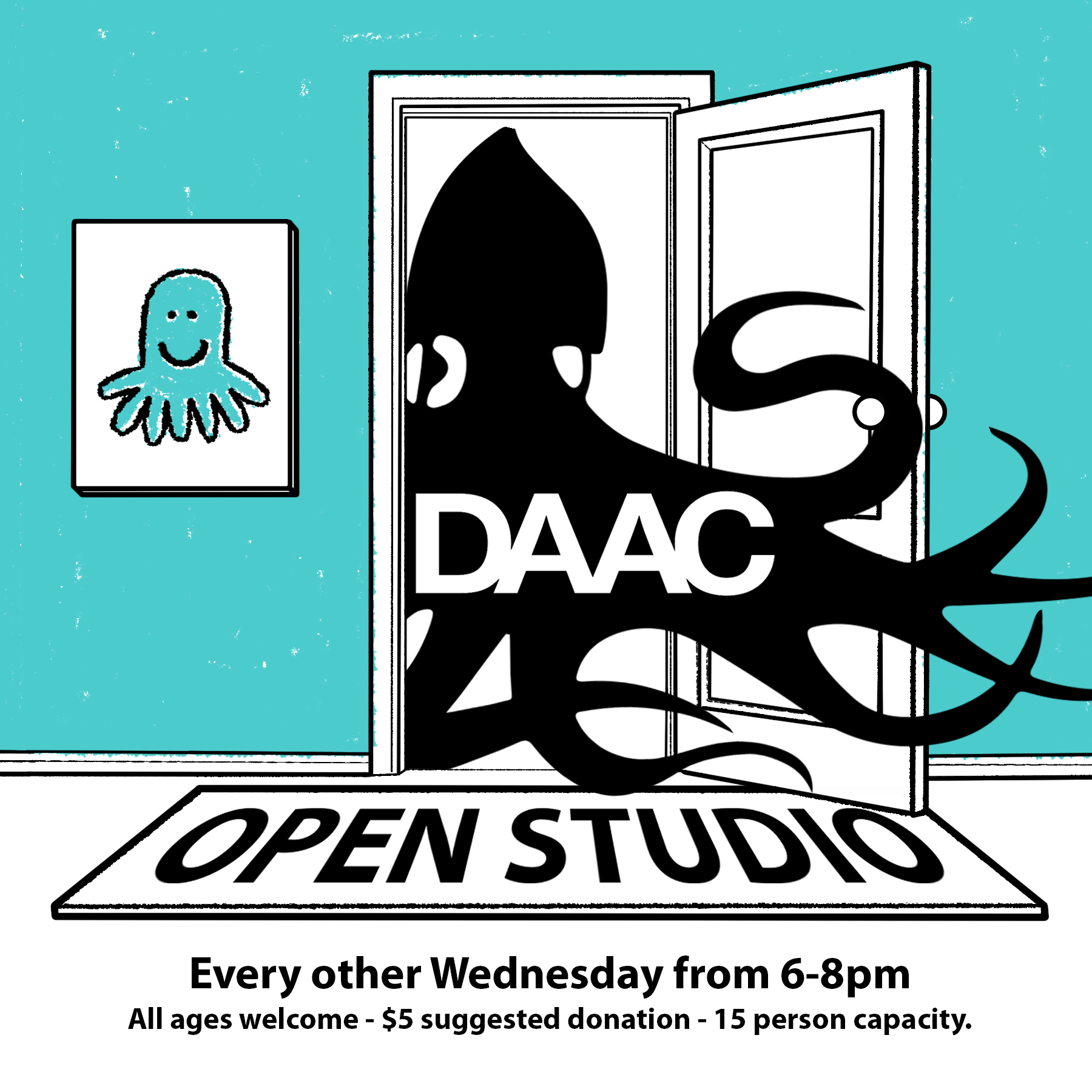 DAACtopus coming through a door, the door mat says OPEN STUDIO