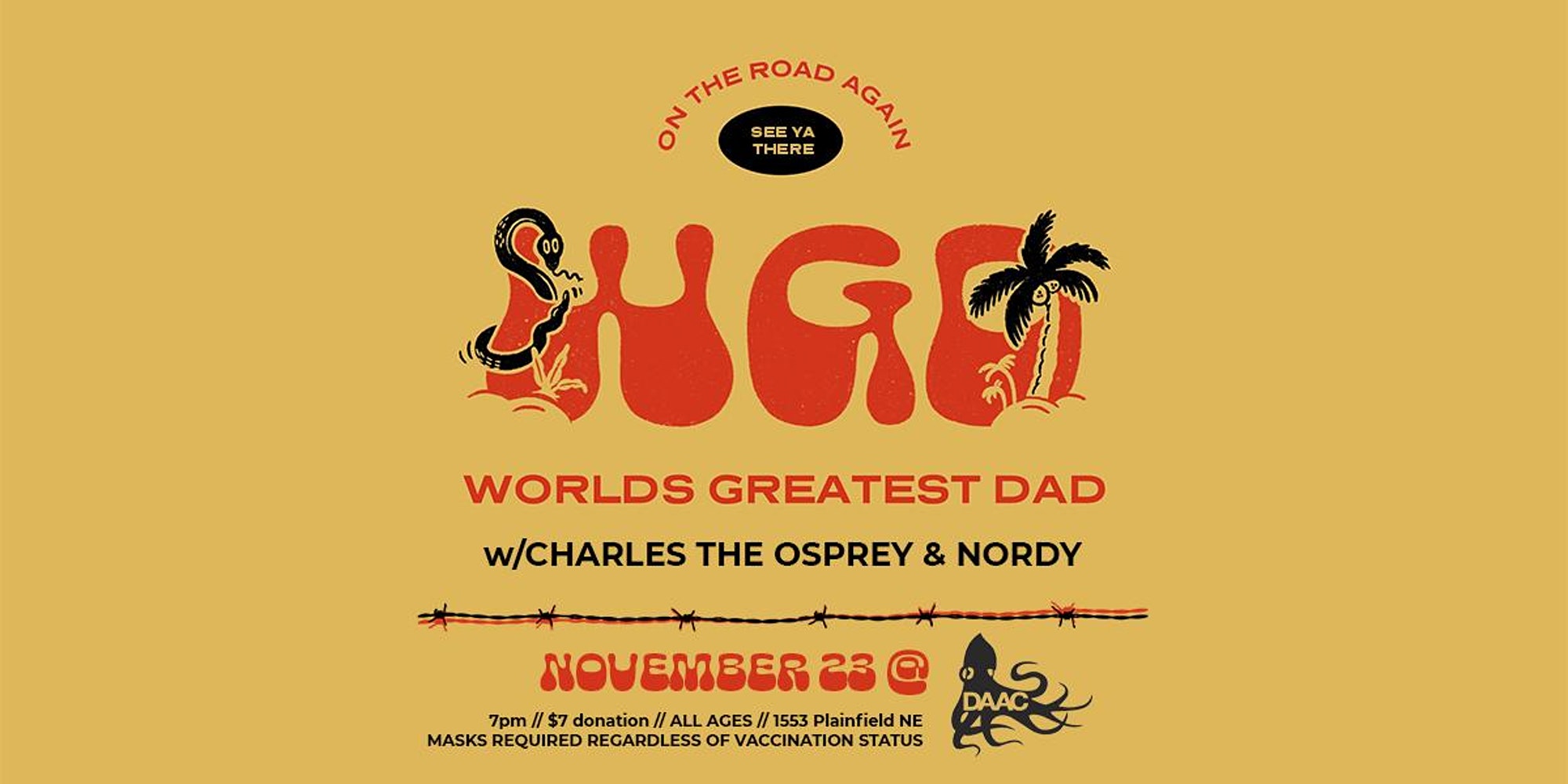 Palm tree and a snake on funky red lettering: WGD (World's Greatest Dad)