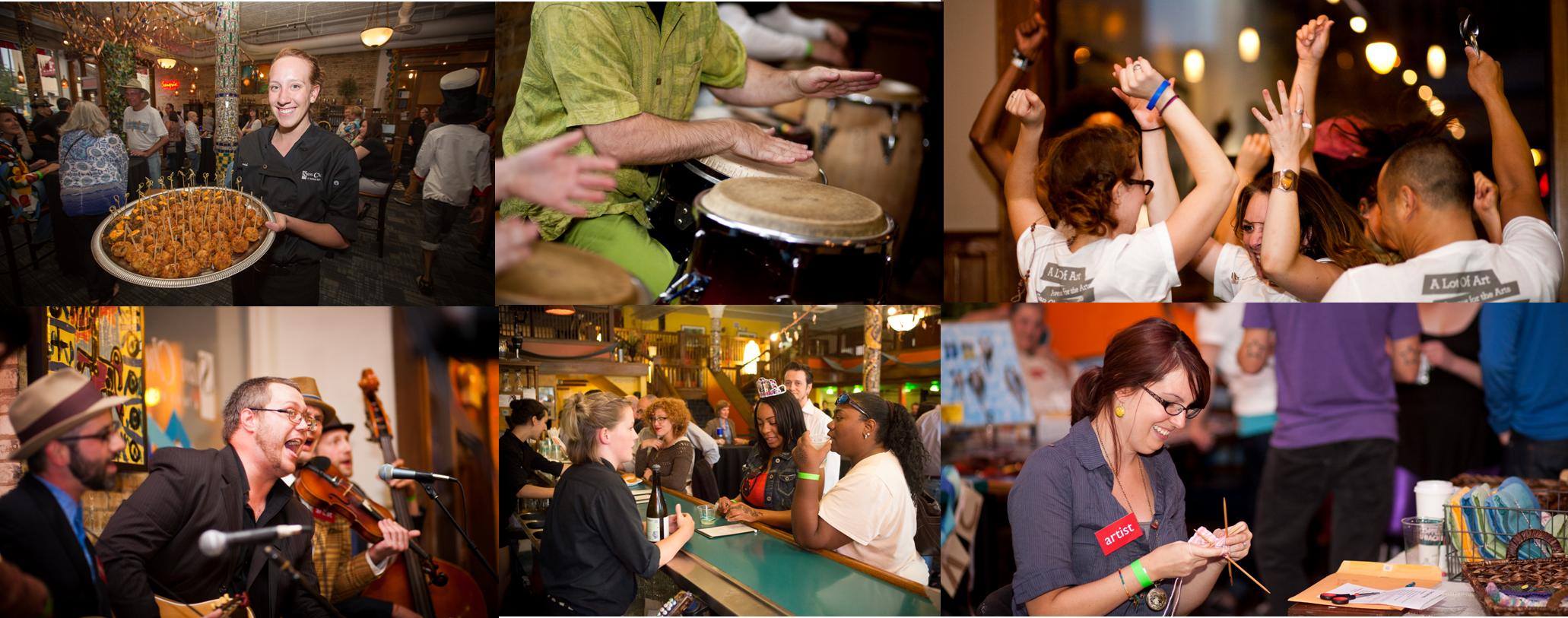 Photo collage of people celebrating with food, drinks, and music at the stART benefit