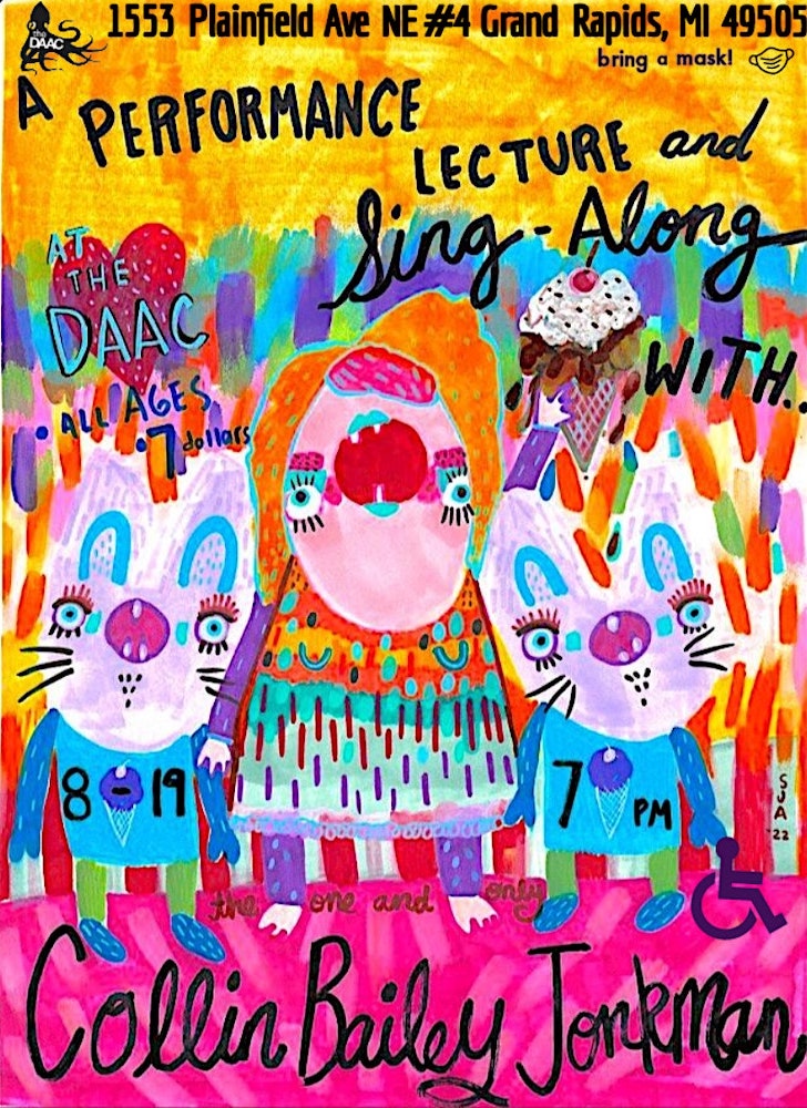 Vivid yellow, pink, blue, and purple drawing of a person and two animal companions