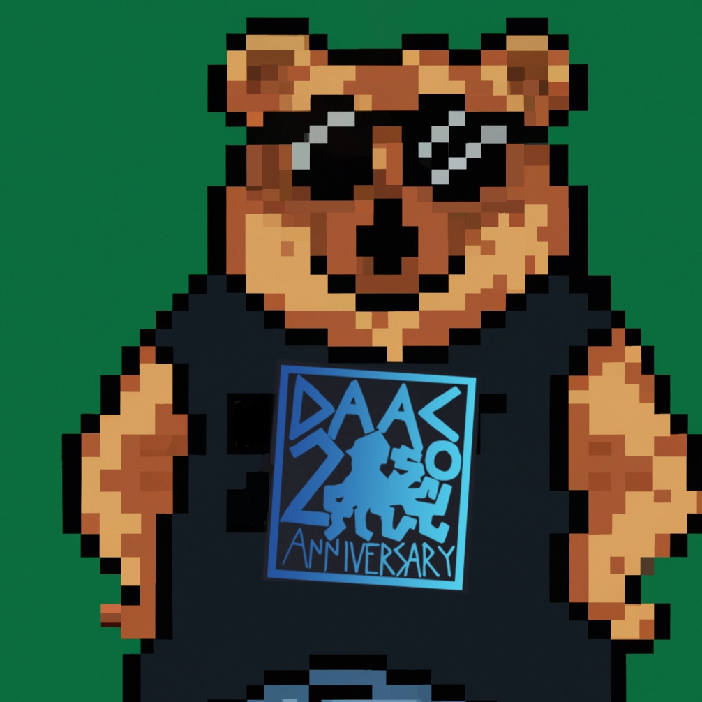 Pixel art of a brown bear in sunglasses wearing the DAAC 20 Anniversary t-shirt