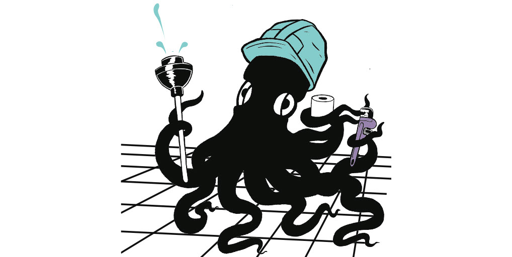 Black octopus with a roll of toilet paper and a plunger