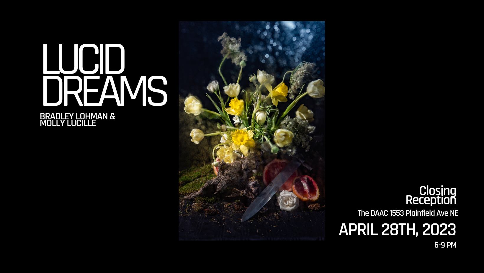 Still life photograph of yellow flowers, cut fruit, and a dagger