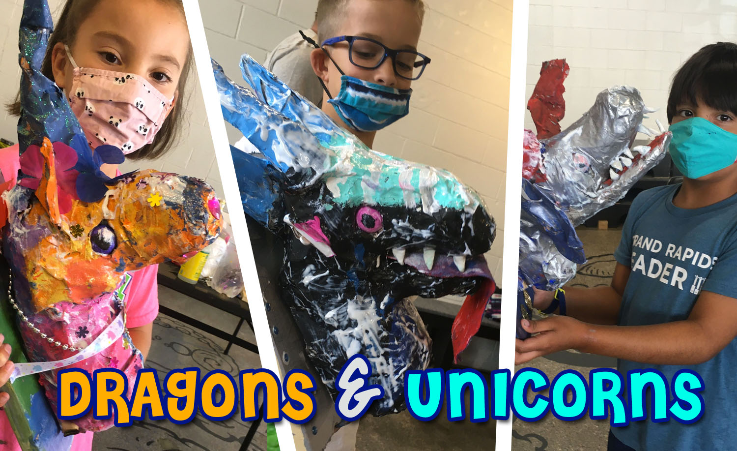 three children show off their paper mache creatures