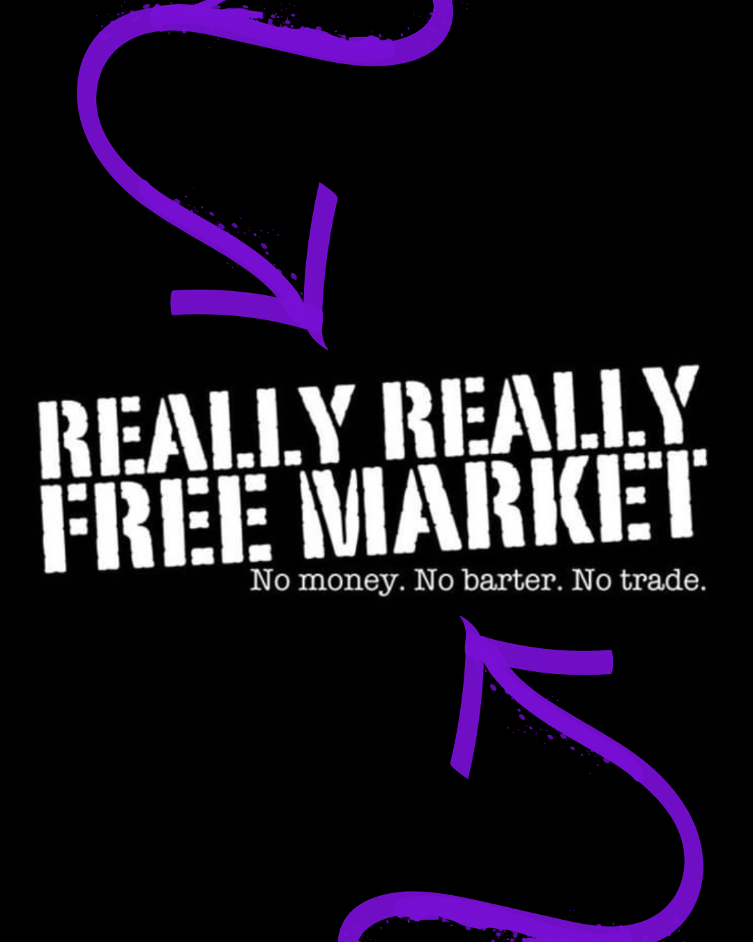 Really Really Free Market with 2 purple arrows pointed towards the text
