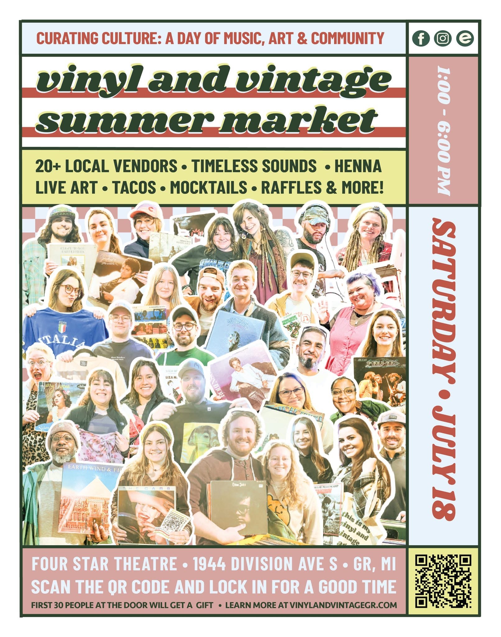 collage of friends surrounded by event information:Saturday, July 18 ⏰1:00-6:00 PM 📍Four Star Theatre, 1944 Division Ave S, Grand Rapids, MI Shop an incredible mix of vintage vendors, record dealers, cassette tapes, VHS, books, retro collectibles, handmade jewelry, original art, upcycled fashion, and one-of-a-kind finds from talented local makers and media vendors from all over West Michigan. DJs spinning all day 