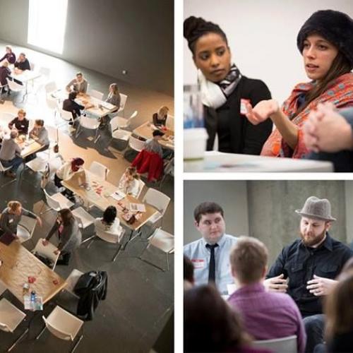 Photo collage of community members engaged in discussion