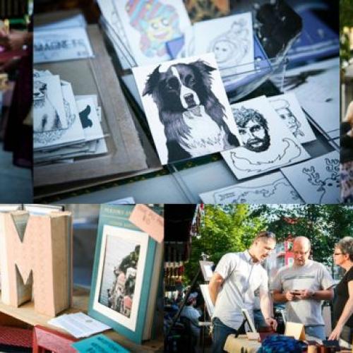 Photo collage of art and visitors at the artists market