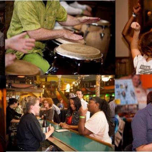 A photo collage of party-goers, drums, and revelry