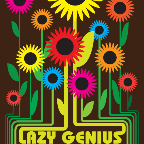 Lazy Genius//Ampersand Castles-Bay City//Mail Order Monsters THE DAAC 333 Rumsey St SW Saturday July 22 Doors at 7:30PM $5 All Ages - Multicolor line shapes of flowers on a brown background. Text is underneath the flowers, as if underground.