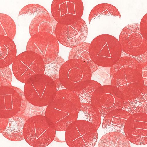 Soft red ink stamps of overlapping circles with geometric shapes inside