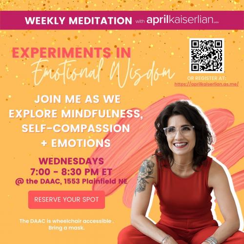 April sits in a relaxed pose in an image with details about the weekly meditation