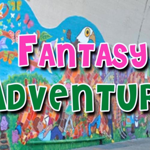 text fantasy adventure is in front of a hand painted mural with creatures